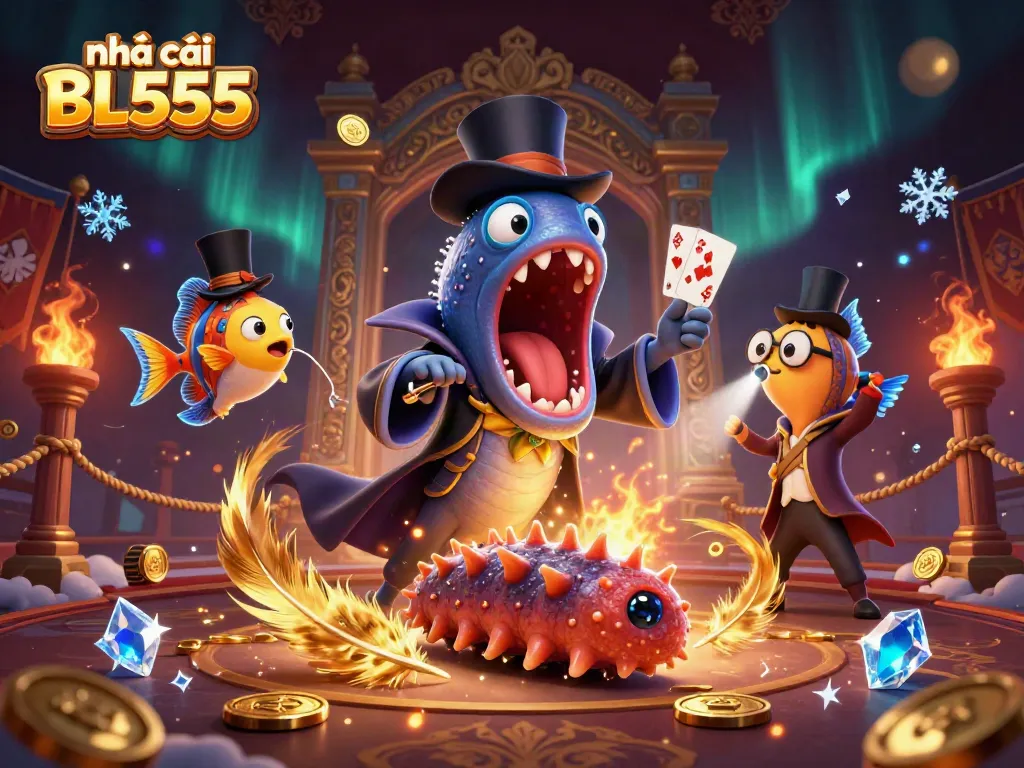 Engage with nhà cái BL555's thrilling card tricks performed by unique sea creatures in an animated casino scene.