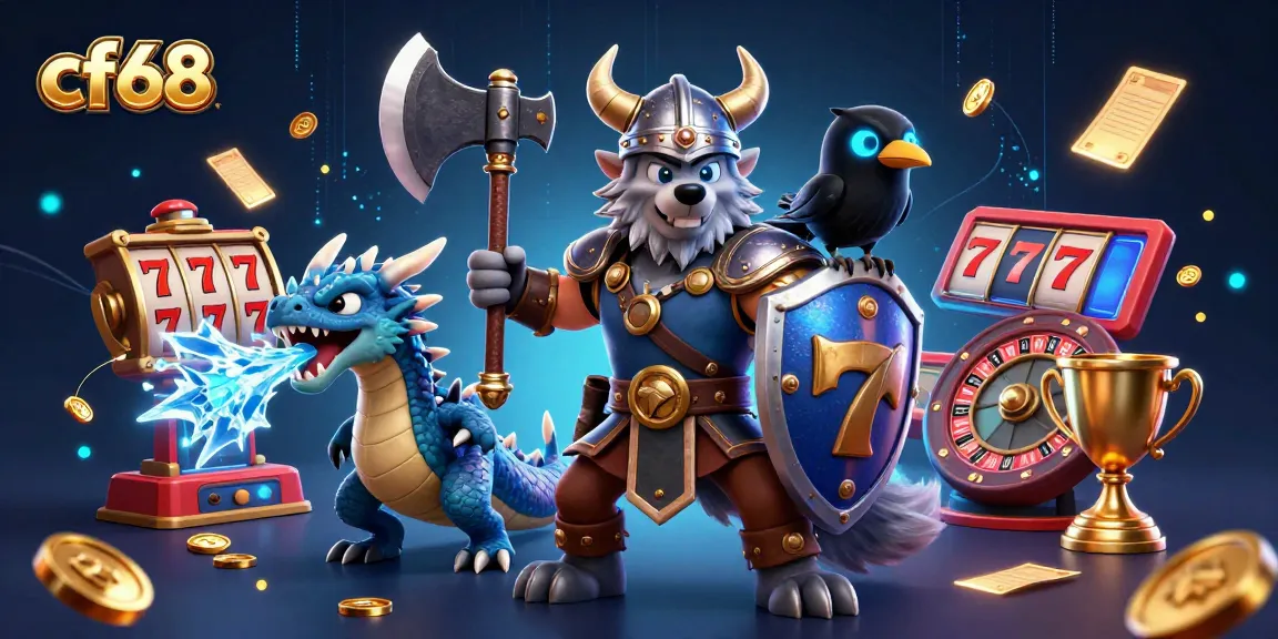 Engage with cf68 in this vibrant 3D casino scene featuring brave Viking characters and dynamic game elements.