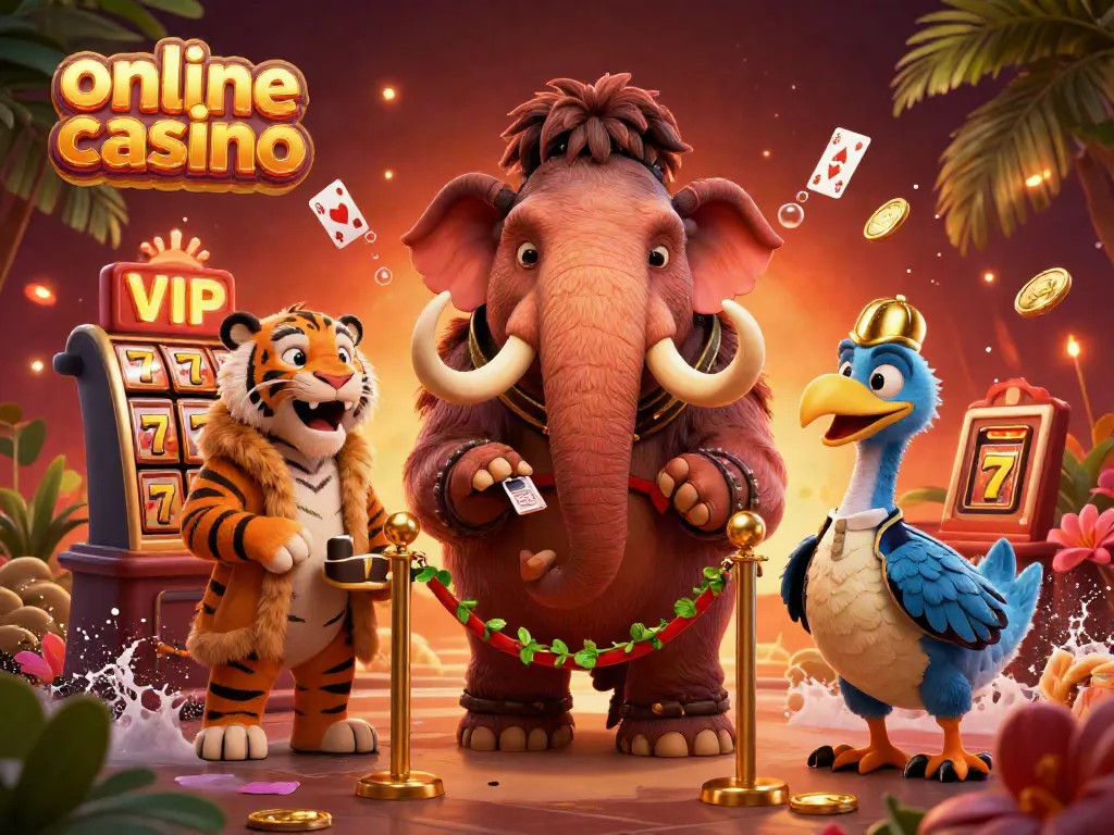 Engaging online casino scene featuring mammoth bouncer and saber-tooth VIP guest, surrounded by slot reels and playing cards.