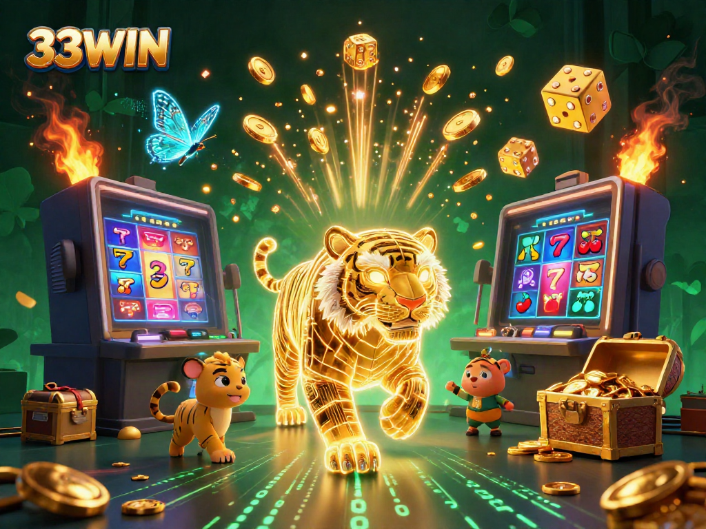 Experience the thrilling energy of 33WIN with a dynamic casino scene featuring a neon tiger and vibrant symbols.