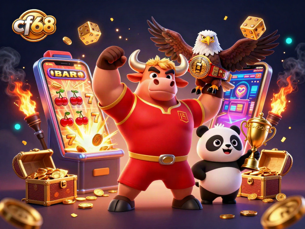 Experience the excitement of cf68 with a vibrant slot game explosion and celebrating characters.
