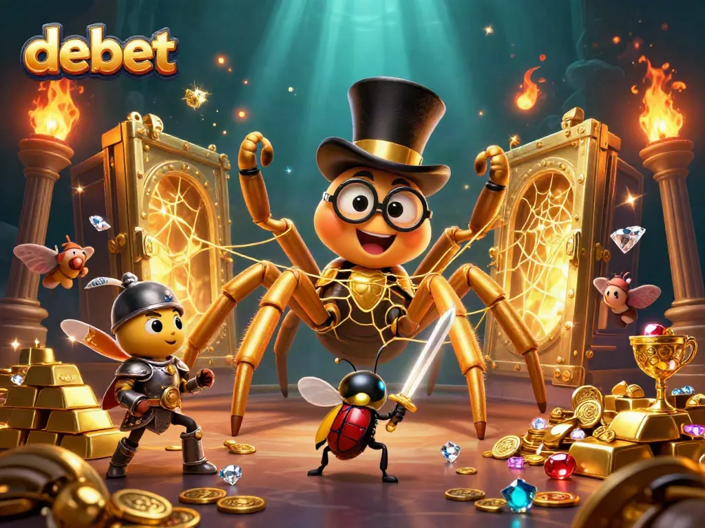 Experience debet's dynamic online casino world, featuring a golden tarantula and a brave beetle knight.