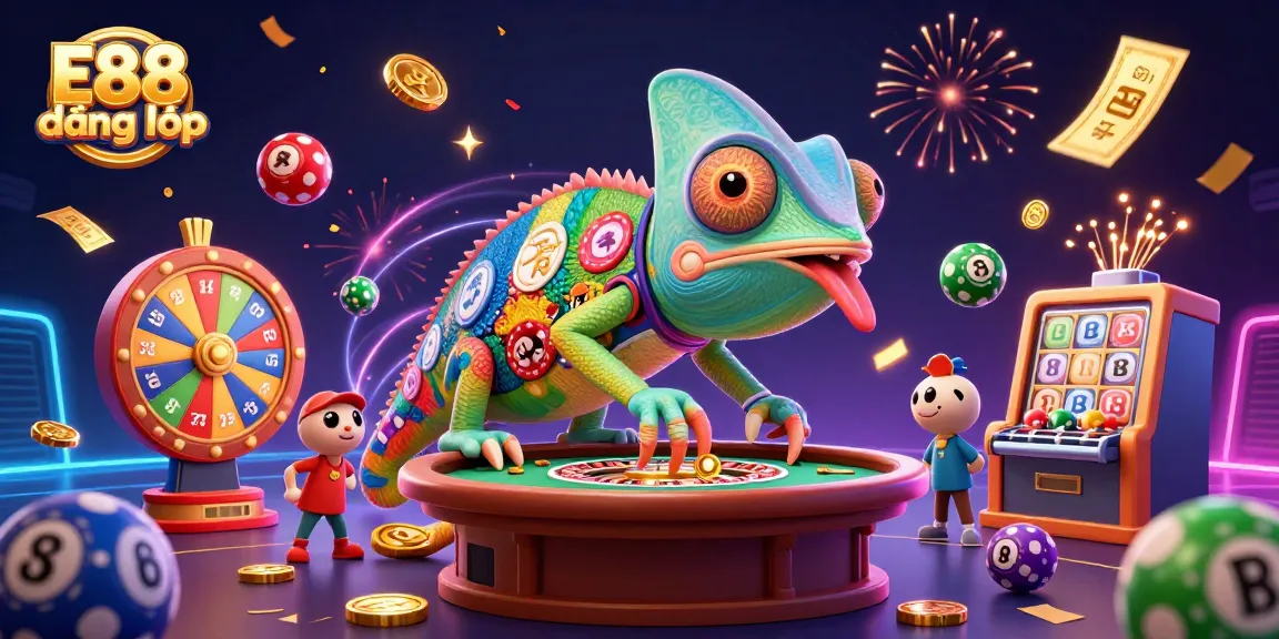 Experience E88 đăng nhập with a vibrant, animated casino scene featuring a chameleon owner collecting golden coins.