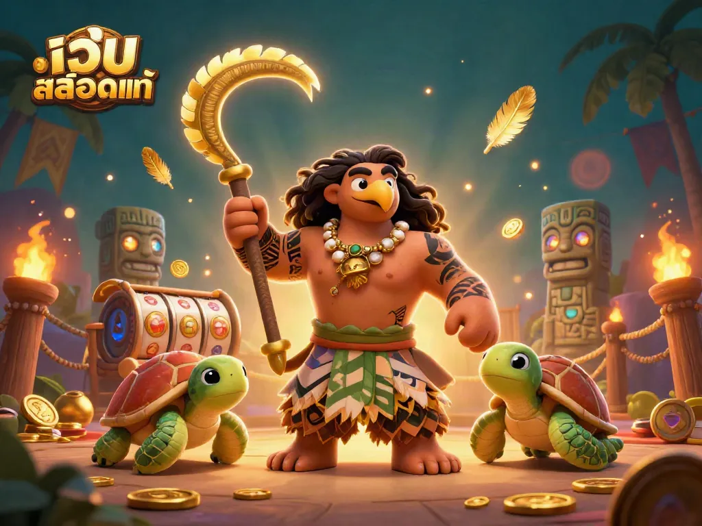 Engage with เว็บสล็อตแท้ in this captivating scene featuring a Polynesian demigod hawk, slot reels, and glowing tiki statues.