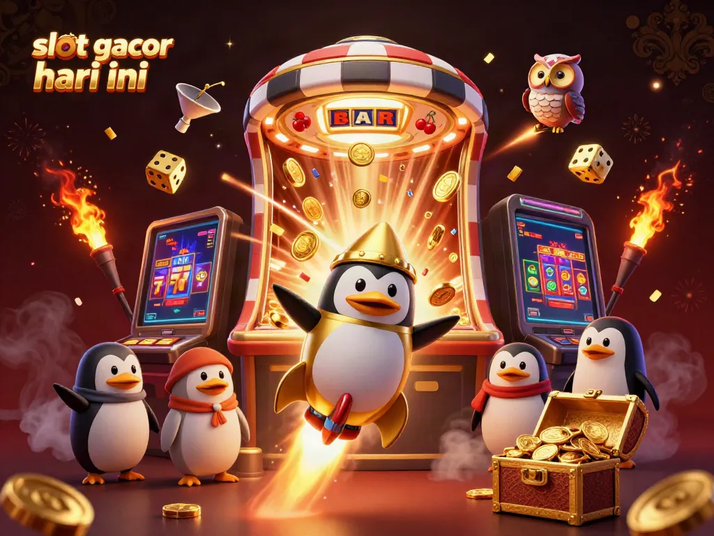 Experience the excitement of slot gacor hari ini with a golden penguin soaring past a massive jackpot explosion.