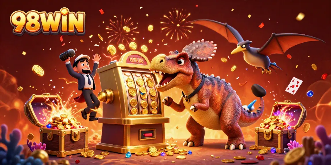 98WIN showcases an exciting jackpot scene with a cartoon dinosaur and casino elements, capturing winning thrills.