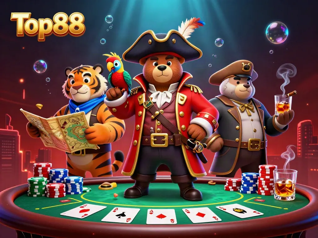 Engage with Top88's thrilling poker scene featuring a pirate bear, tiger, and dynamic game elements.