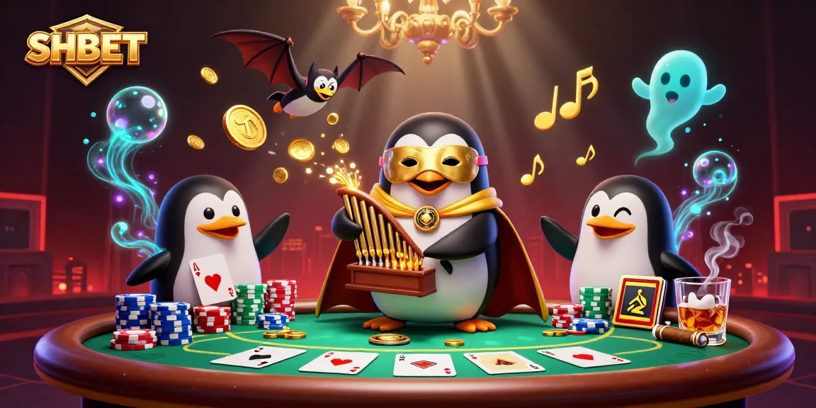 Engage in strategic gameplay with SHBET as a 3D cartoon penguin plays the organ shooting gold coins amidst a lively casino scene.