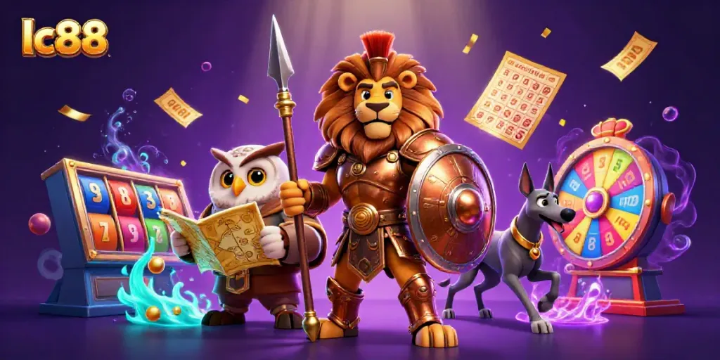 Engage in thrilling slots at lc88 with a Spartan lion, owl, and greyhound amidst vibrant casino elements.