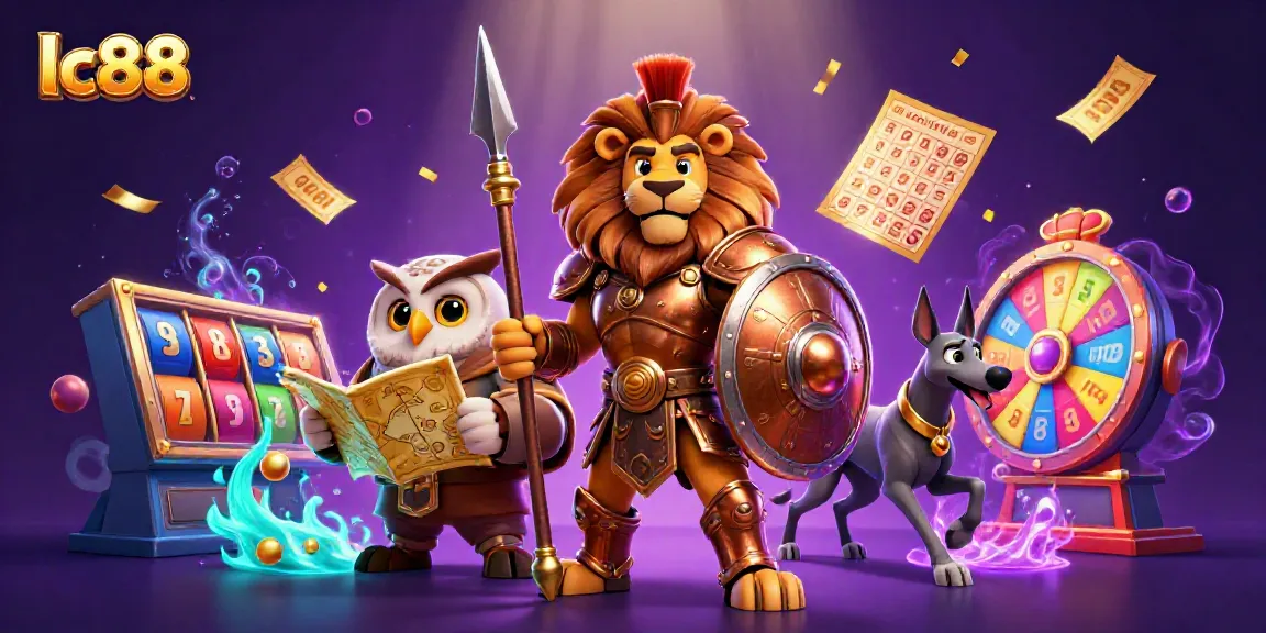 Engage in thrilling slots at lc88 with a Spartan lion, owl, and greyhound amidst vibrant casino elements.