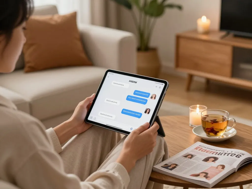 Engaging in an ai nsfw chat on a tablet in a cozy lounge setting.