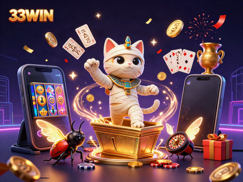 Experience the thrill of 33WIN casino with an illustration featuring an Egyptian mummy cat and exciting gaming elements.
