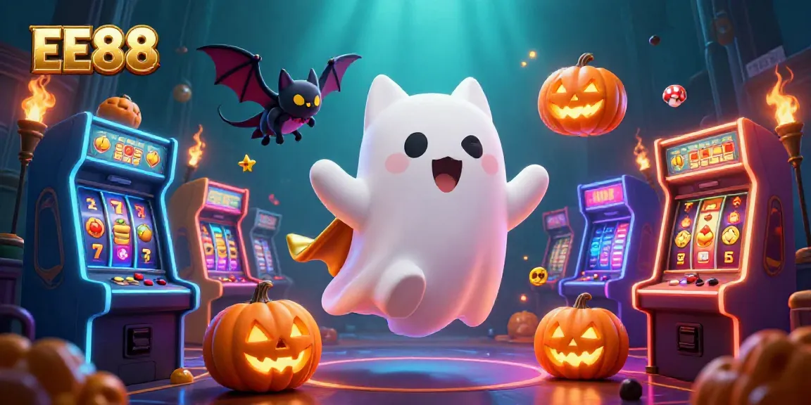 Interactive EE88 scene with a ghost cat and bat in a haunted casino, highlighting vibrant slot machines.