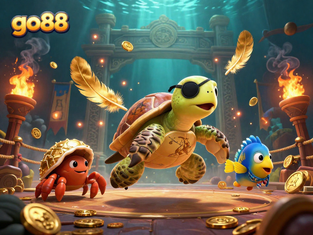 Engage in thrilling adventures at go88 with a lively scene featuring a treasure-hunting turtle, crab, and parrotfish.