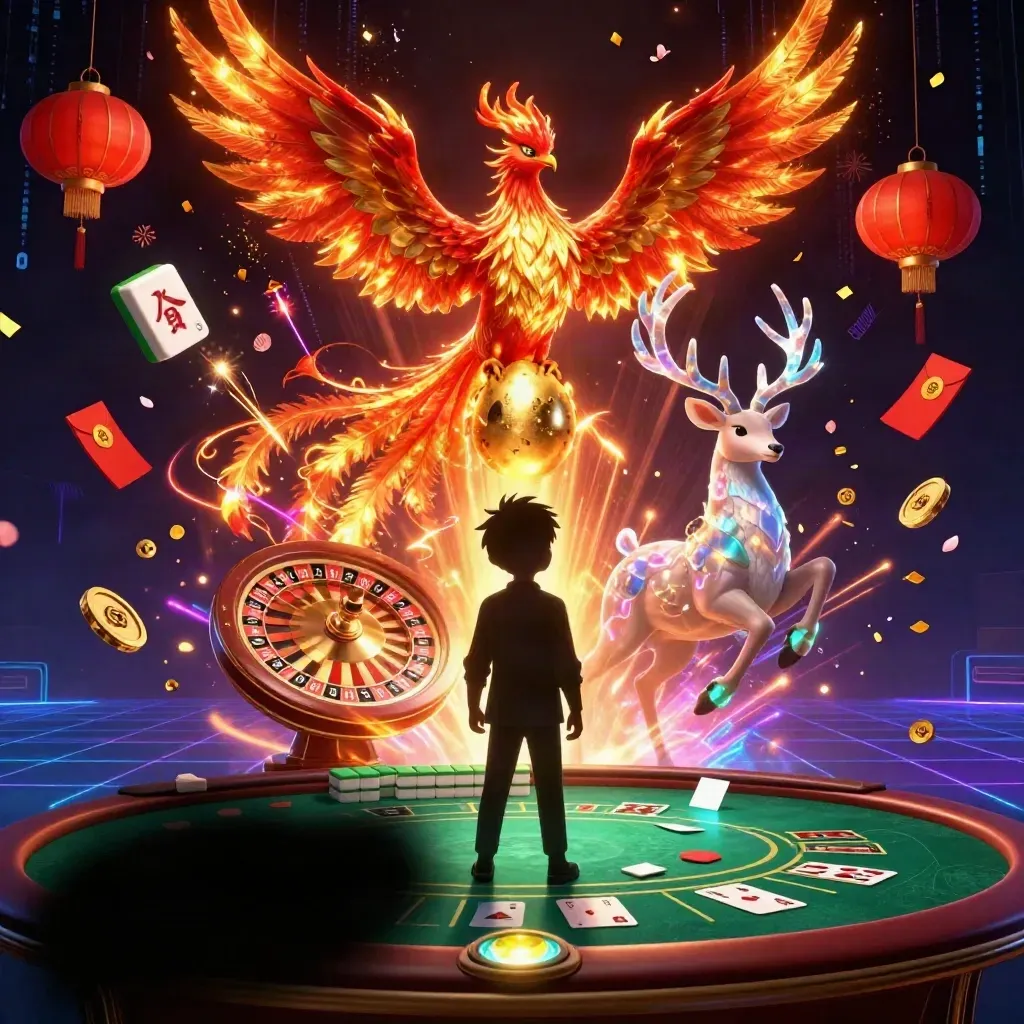 Phoenix, hatchling, and crystal stag in a neon casino explosion of treasure and light.
