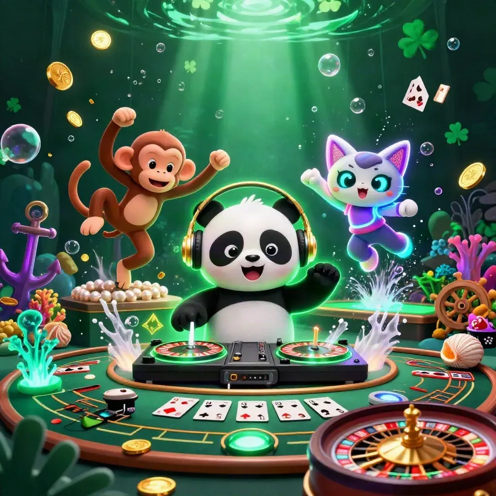 DJ panda, breakdancing monkey, and glow-stick kitten in a glowing underwater casino treasure cove.