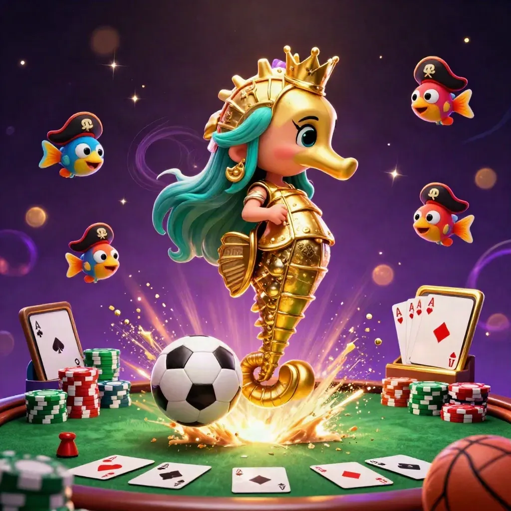 Mermaid princess rides a golden seahorse amid poker chips, cards, and a flying soccer ball in neon light.