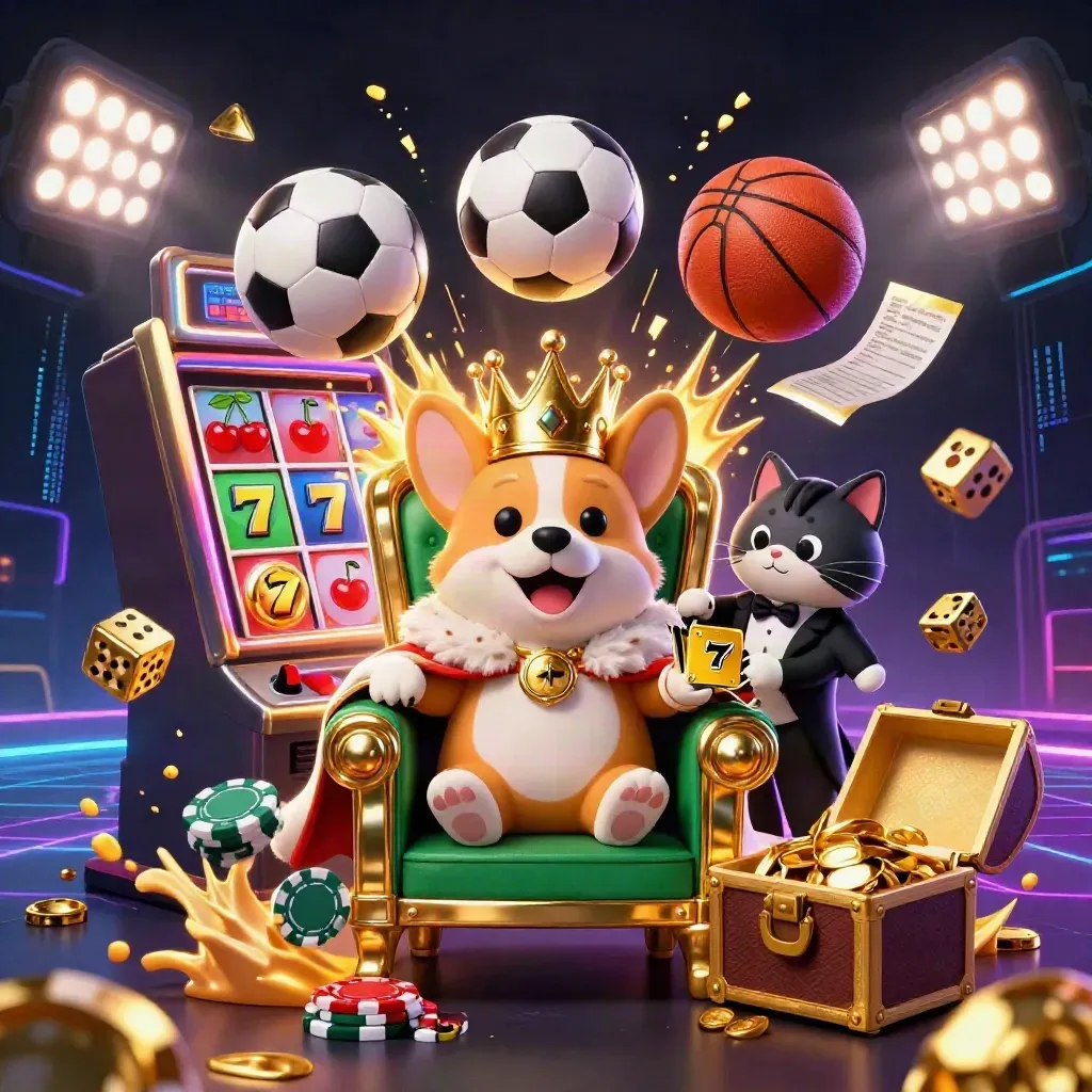 Royal corgi and cat butler amid casino bursts, flying balls, gold dice, and neon haze.