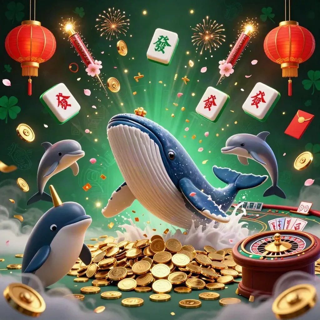 Whale captain, narwhal, and dolphins amid casino coins, lanterns, jade, and glowing luxury.