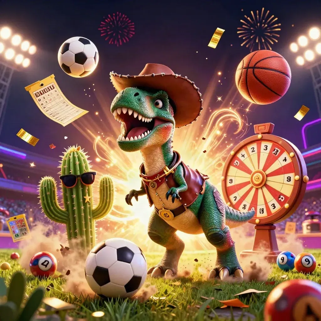Cowboy T-Rex, cactus and roadrunner amid casino props and neon sports-bet chaos