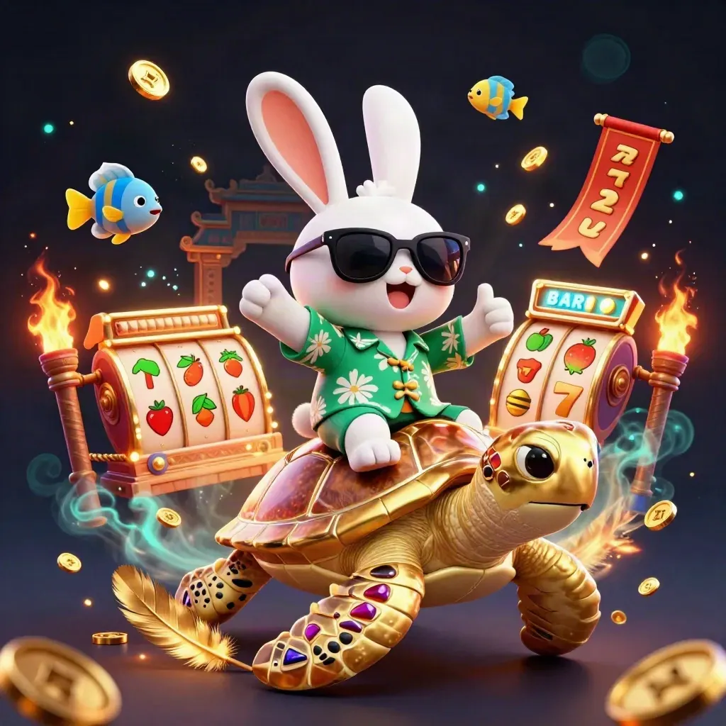 Lucky rabbit rides a jeweled sea turtle amid casino treasures, ember sparks, and temple gates.
