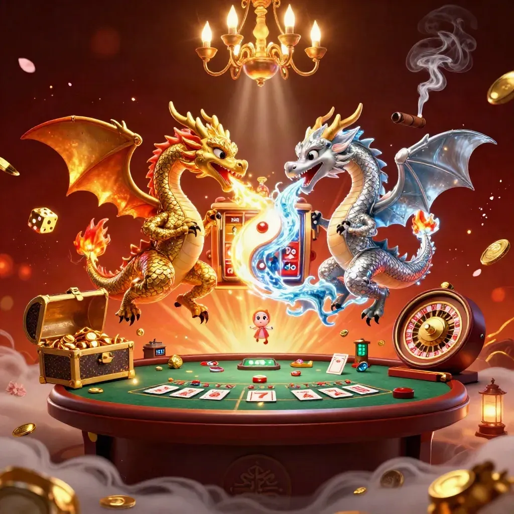 Gold and silver dragons clash over a slot machine in a glowing casino fantasy scene.
