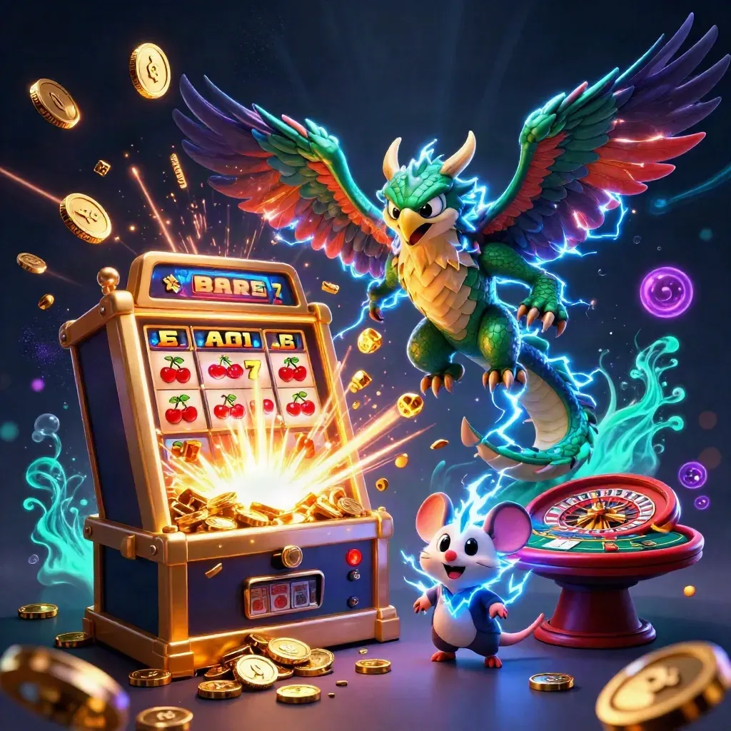 Thunder dragon, hawk, and mouse amid jackpot burst, coins, and neon casino treasure glow.