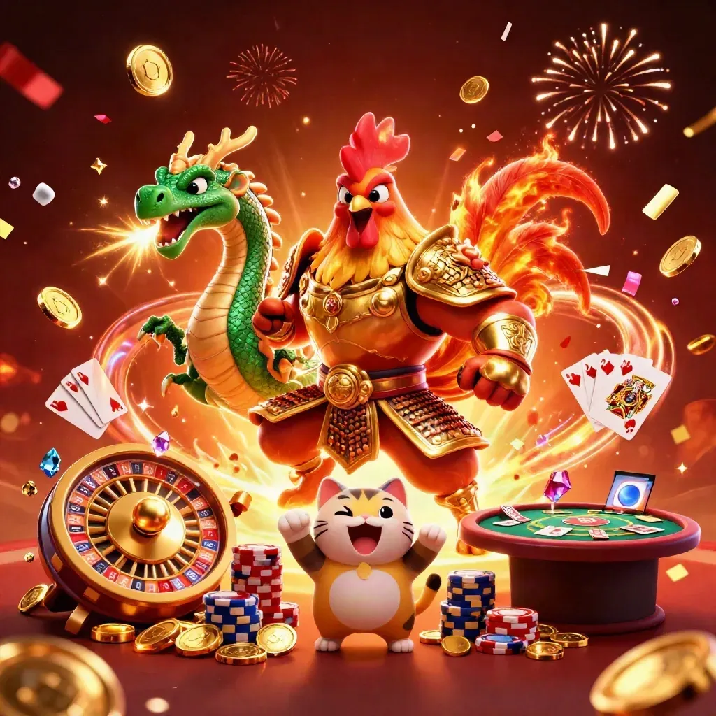 Rooster samurai, spark-breathing dragon hatchling, and fortune cat amid casino riches.