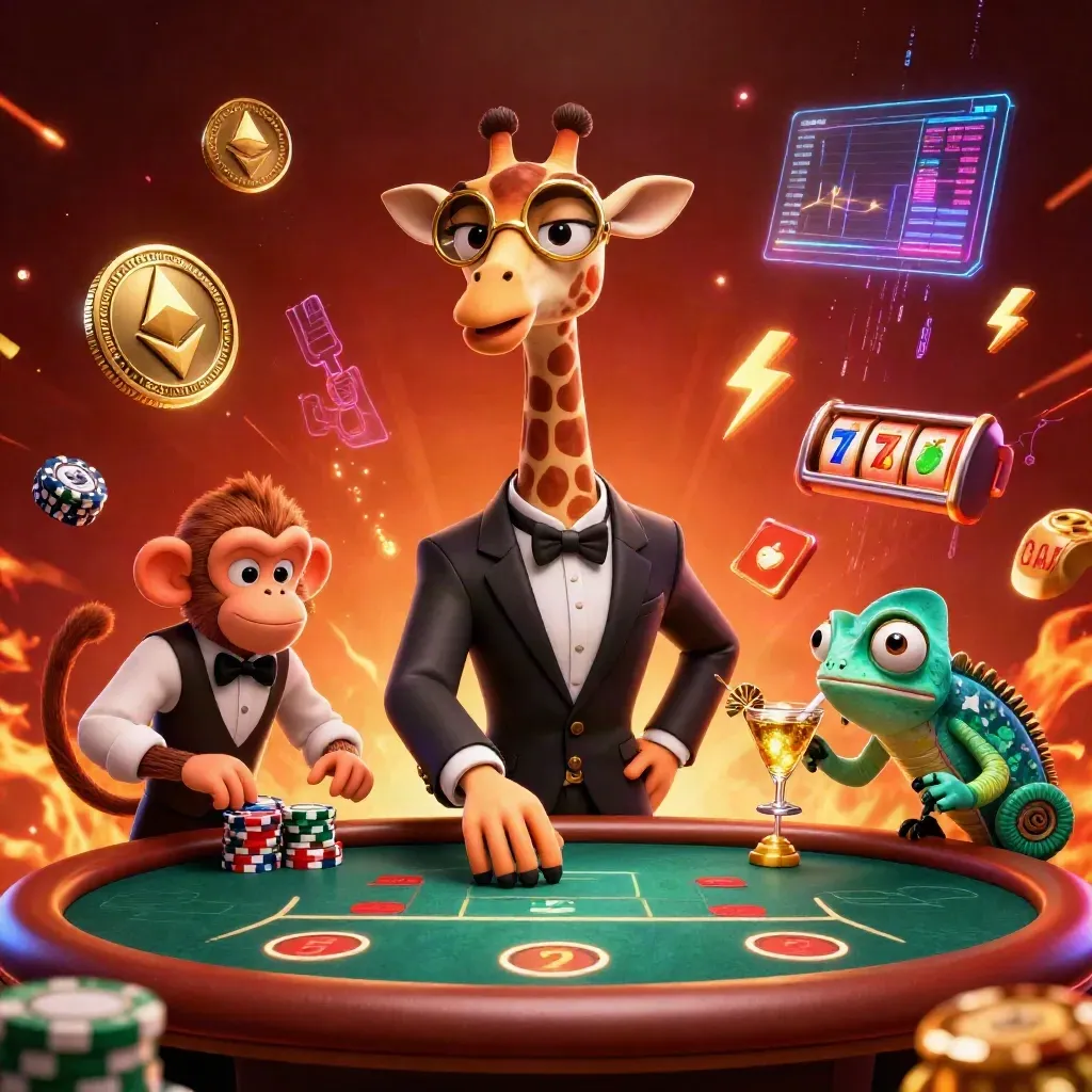 VIP casino animals at a glowing poker table with coins, chips, and neon effects.