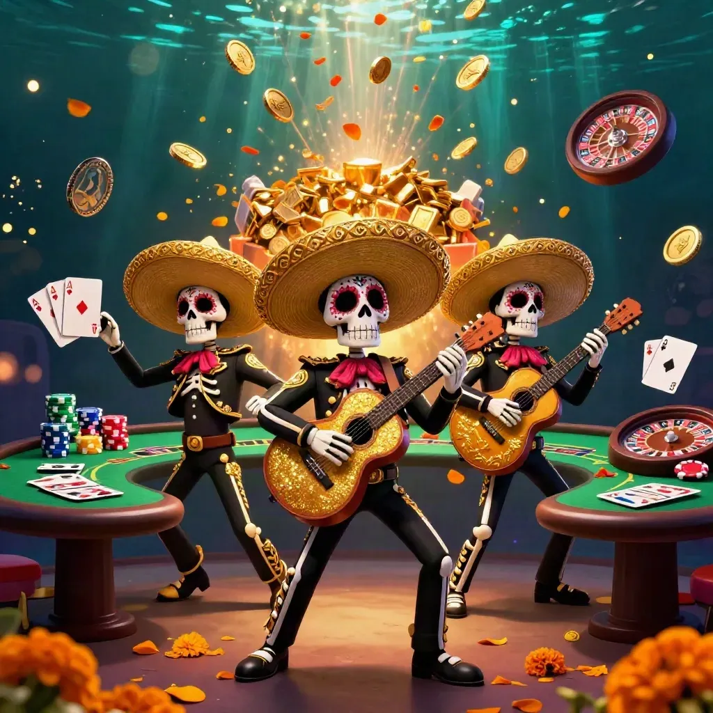 Day-of-the-Dead skeleton mariachi trio amid casino winnings, coins, chips, cards, and fireworks