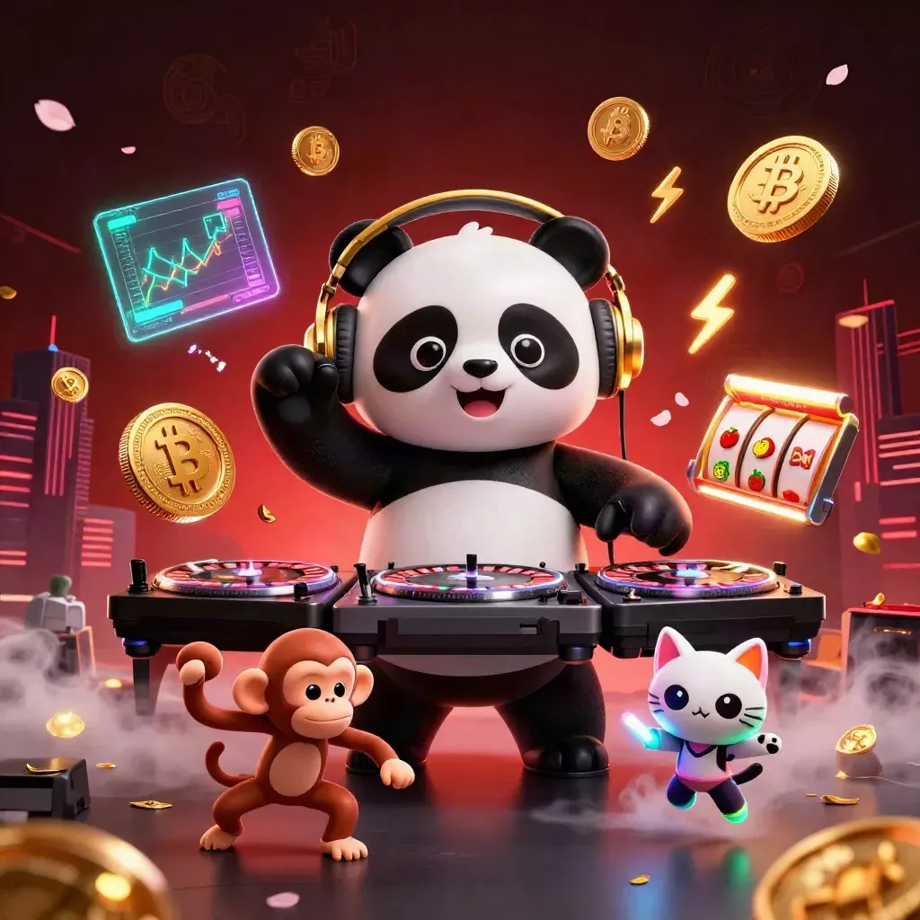 DJ panda, breakdancing monkey, and glow-stick kitten amid casino reels and neon coins