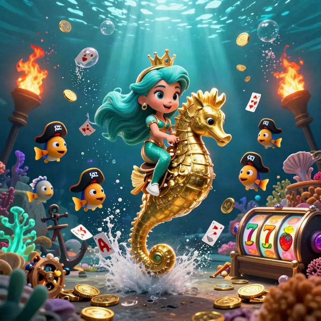 Mermaid princess rides armored seahorse amid coins, cards, reels, coral, and glowing casino treasure.