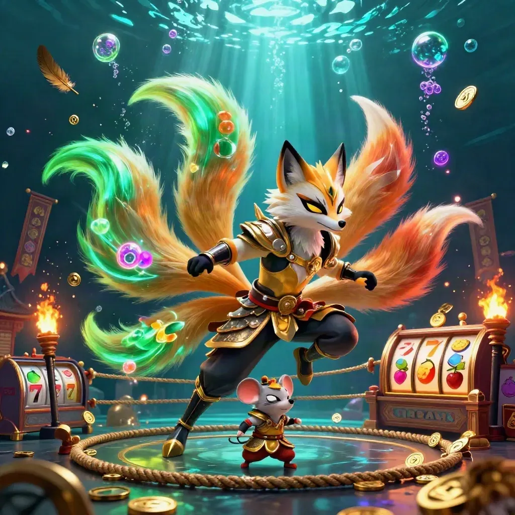 Neon fox spirit and armored samurai mouse amid casino relics and underwater glow.
