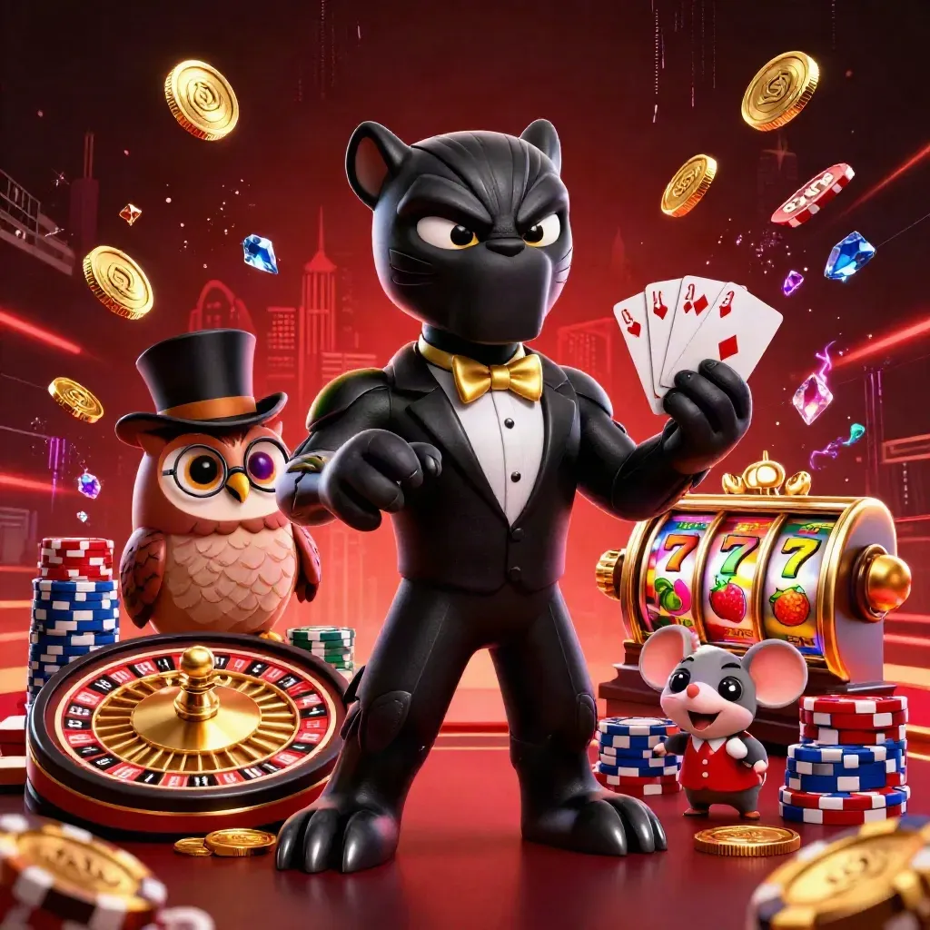 Panther, owl, and mouse in a neon casino card scene with coins, chips, roulette, and slot symbols