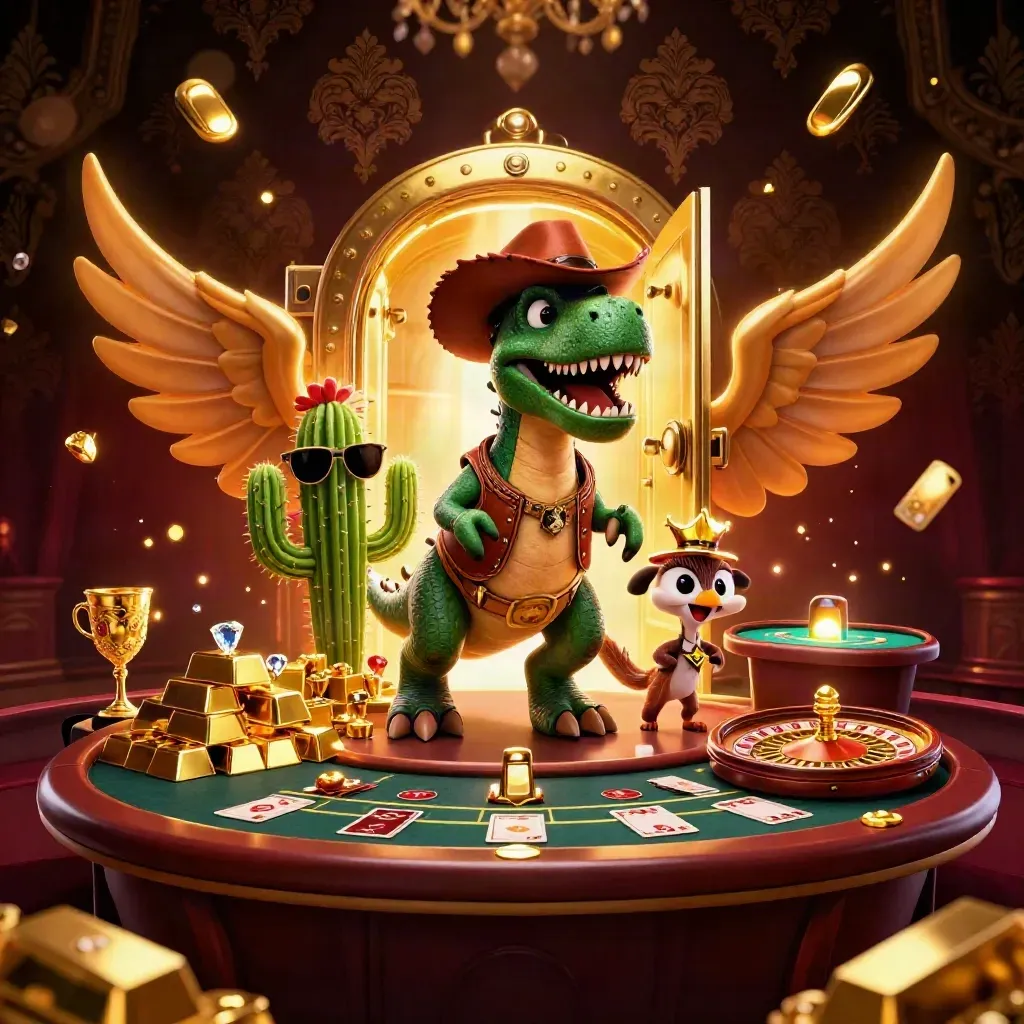 Cowboy T-rex, cactus sidekick, and roadrunner amid gold vault glow and casino sparks.