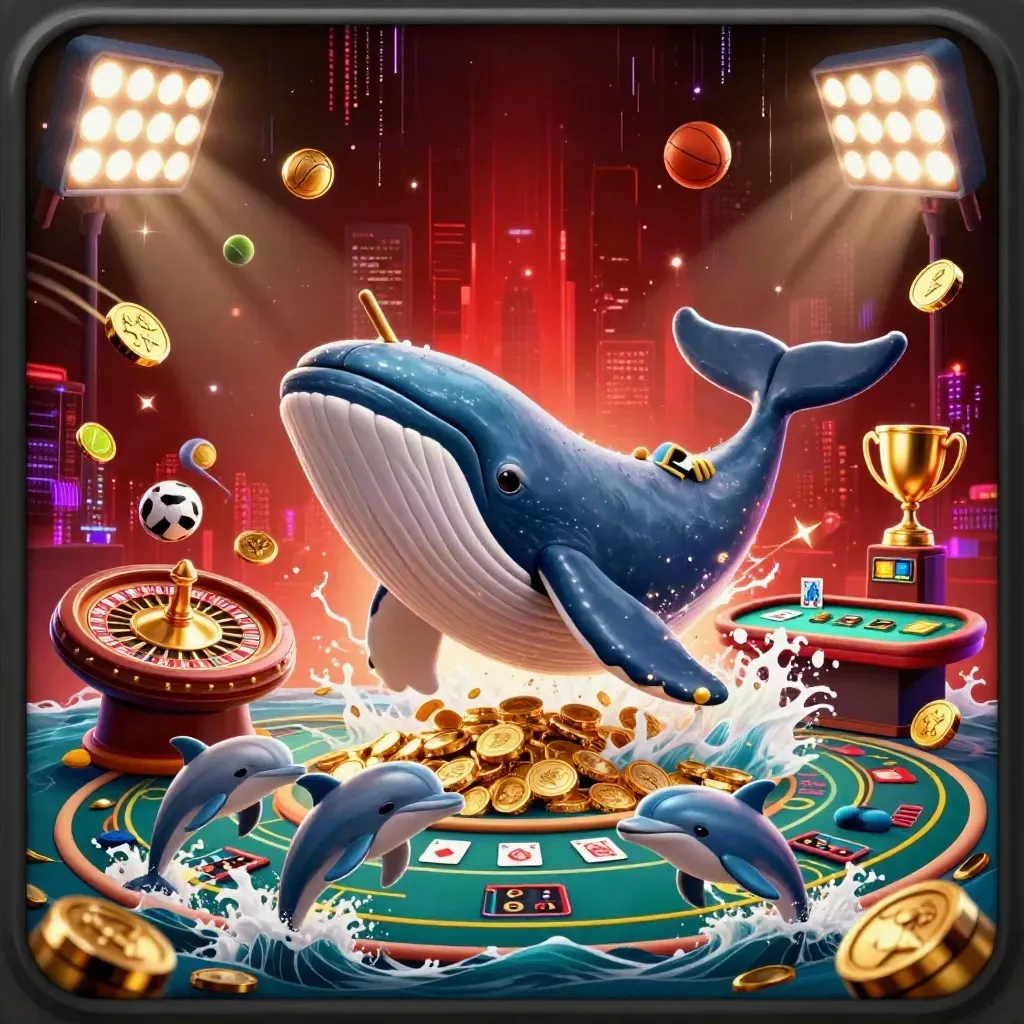 Whale captain, narwhal, dolphins, coins, roulette wheel, cards, and casino lights in luxe neon glow.