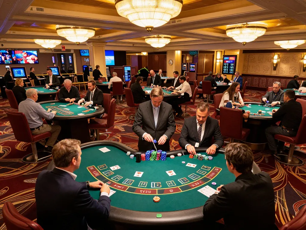 Casino players strategizing at okwin blackjack tables, with dynamic gameplay and vibrant atmosphere