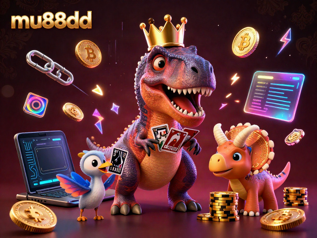 Colorful cartoon scene with mu88dd characters, a T-Rex shuffling cards, Bitcoin coins glowing, and a vibrant casino atmosphere.