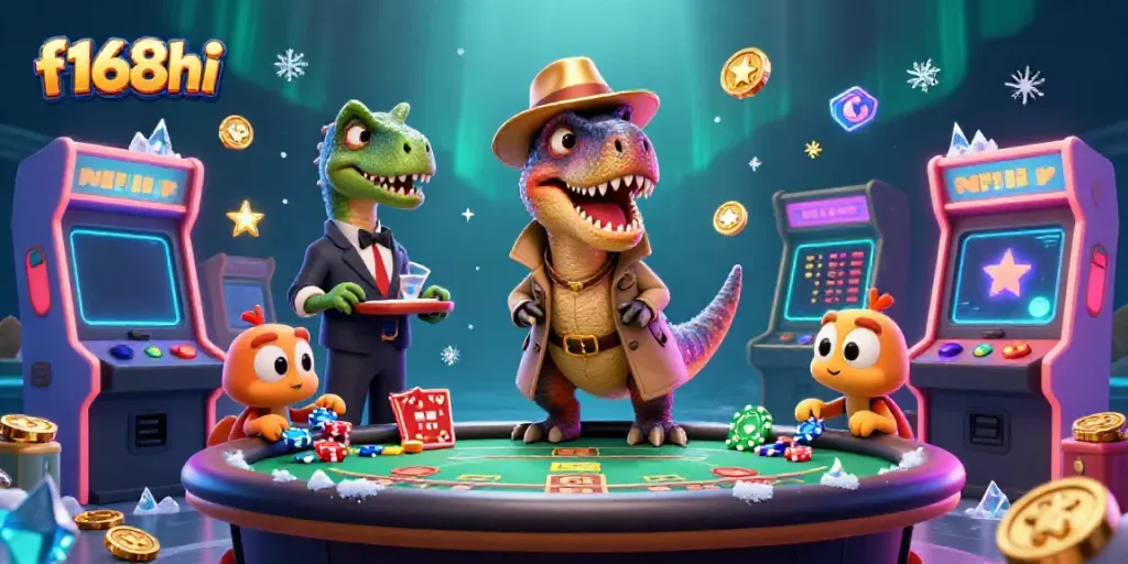 Watch the clever velociraptor card counter at f168hi casino trying to sneak chips amidst colorful arcade games.