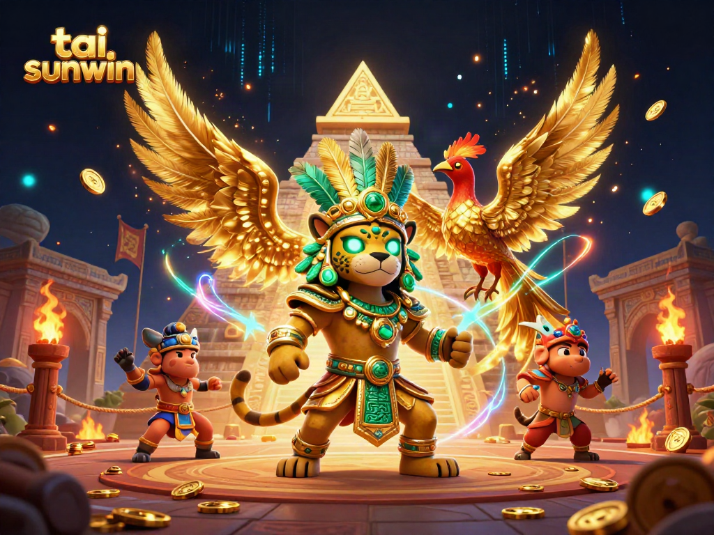Experience vibrant gaming action with tai sunwin as a Mayan priest and quetzal bird in a dynamic casino scene.