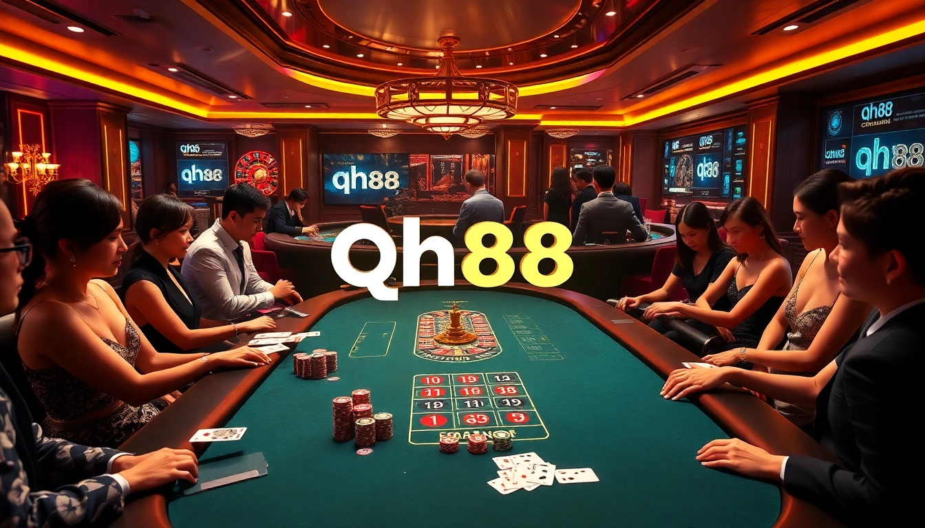 Players engaging at a vibrant qh88 casino table with poker chips and cards.