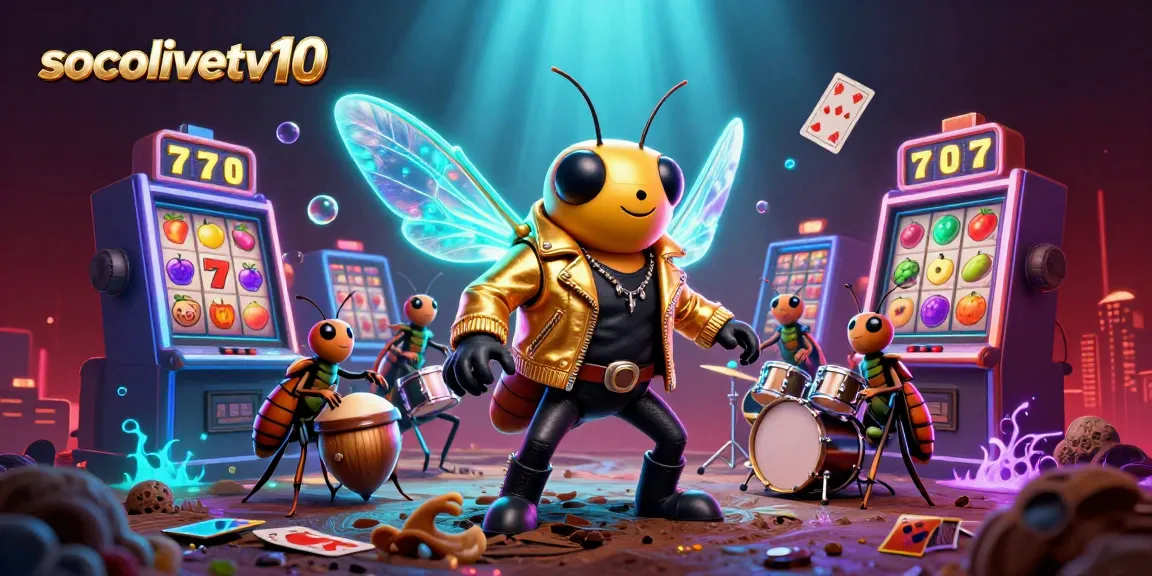 Socolivetv10 showcases an energetic scene with a rock star cicada, colorful slot machines, and dynamic game elements.
