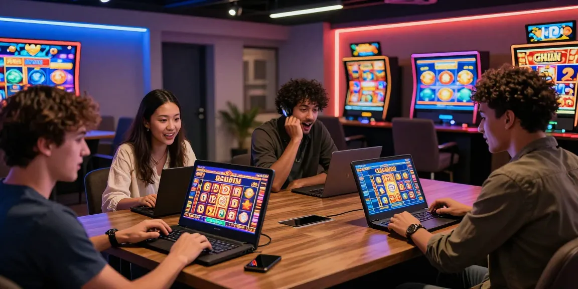 Diverse players enjoying cocomaya bonus buy slots in a vibrant online casino setting, showcasing excitement and colorful digital games.
