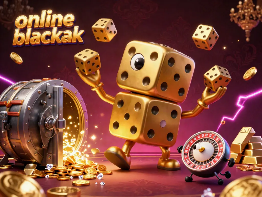 Engage in online blackjack action with lively 3D characters amid gold treasures and neon effects.