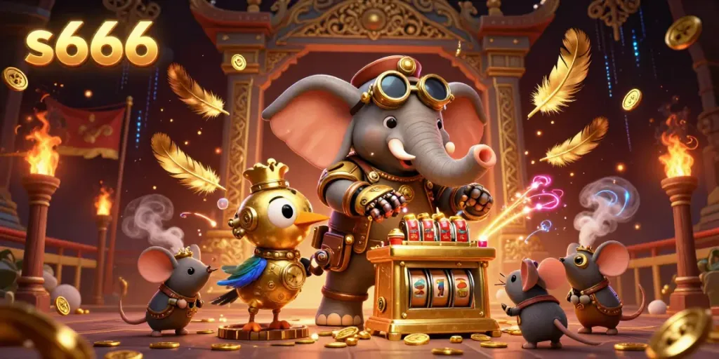 Experience the thrill of s666 casino gaming with a steampunk elephant operating a slot machine.