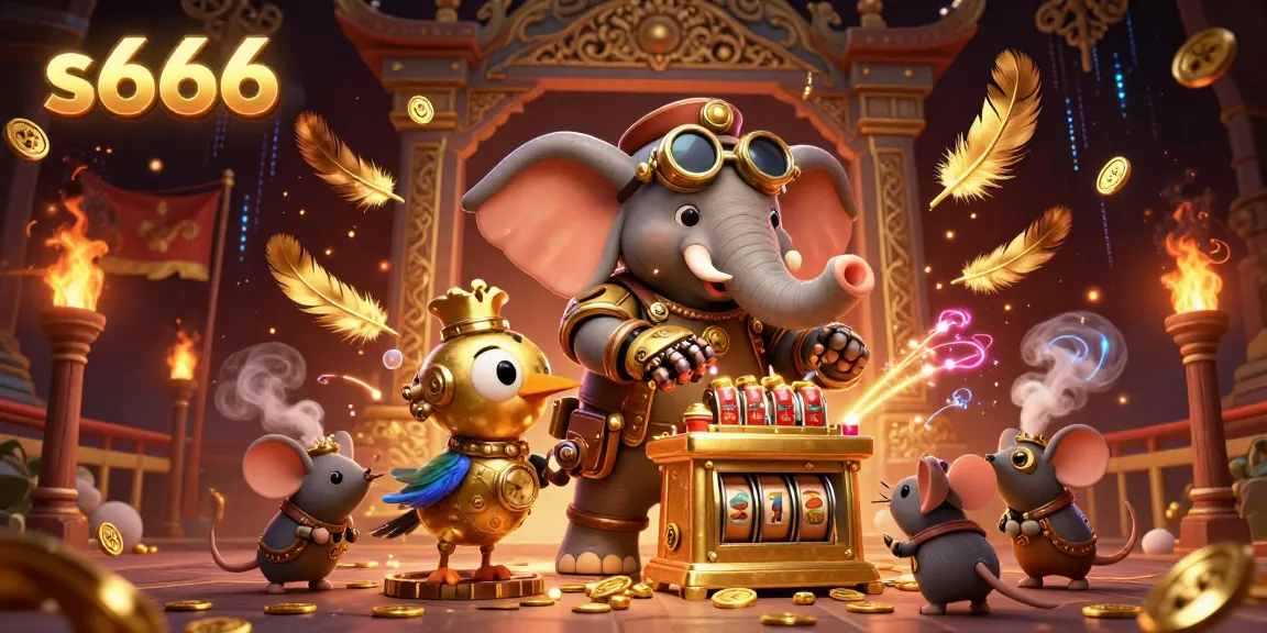 Experience the thrill of s666 casino gaming with a steampunk elephant operating a slot machine.