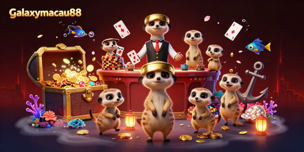 Experience the thrilling world of galaxymacau88 with meerkats in a vibrant casino scene.