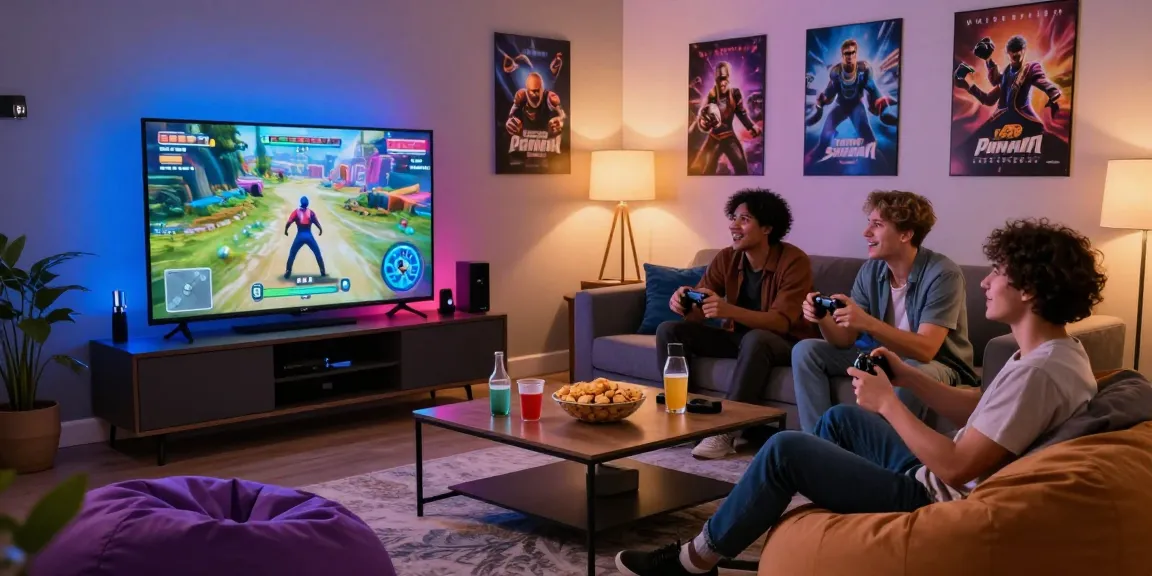 Group enjoying rikvip gaming experience in a cozy living room with vibrant atmosphere.