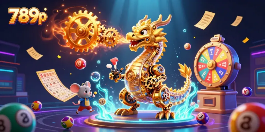 Experience thrilling fun at 789p with vibrant gaming elements, including a golden dragon and lively lottery balls.