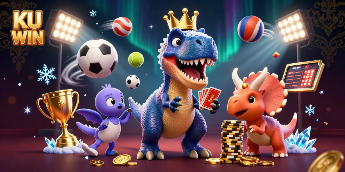Experience thrilling action at KU WIN with a dynamic scene featuring friendly dino characters and golden chips.